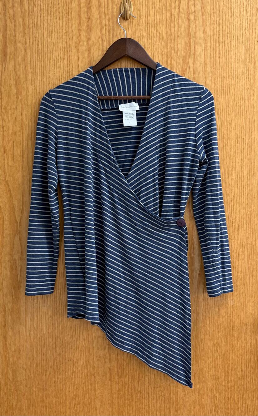 Soft Surroundings M Boho Nautical Artsy faux wrap angled hem striped blue tunic